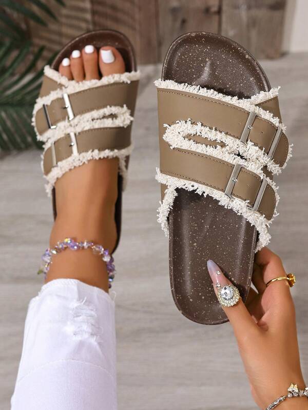 Women's Flat Sandals, Bohemian Tassel Buckle, Khaki Color, Summer Birkenstocks Style, Comfortable & Fashionable Ladies Slides
