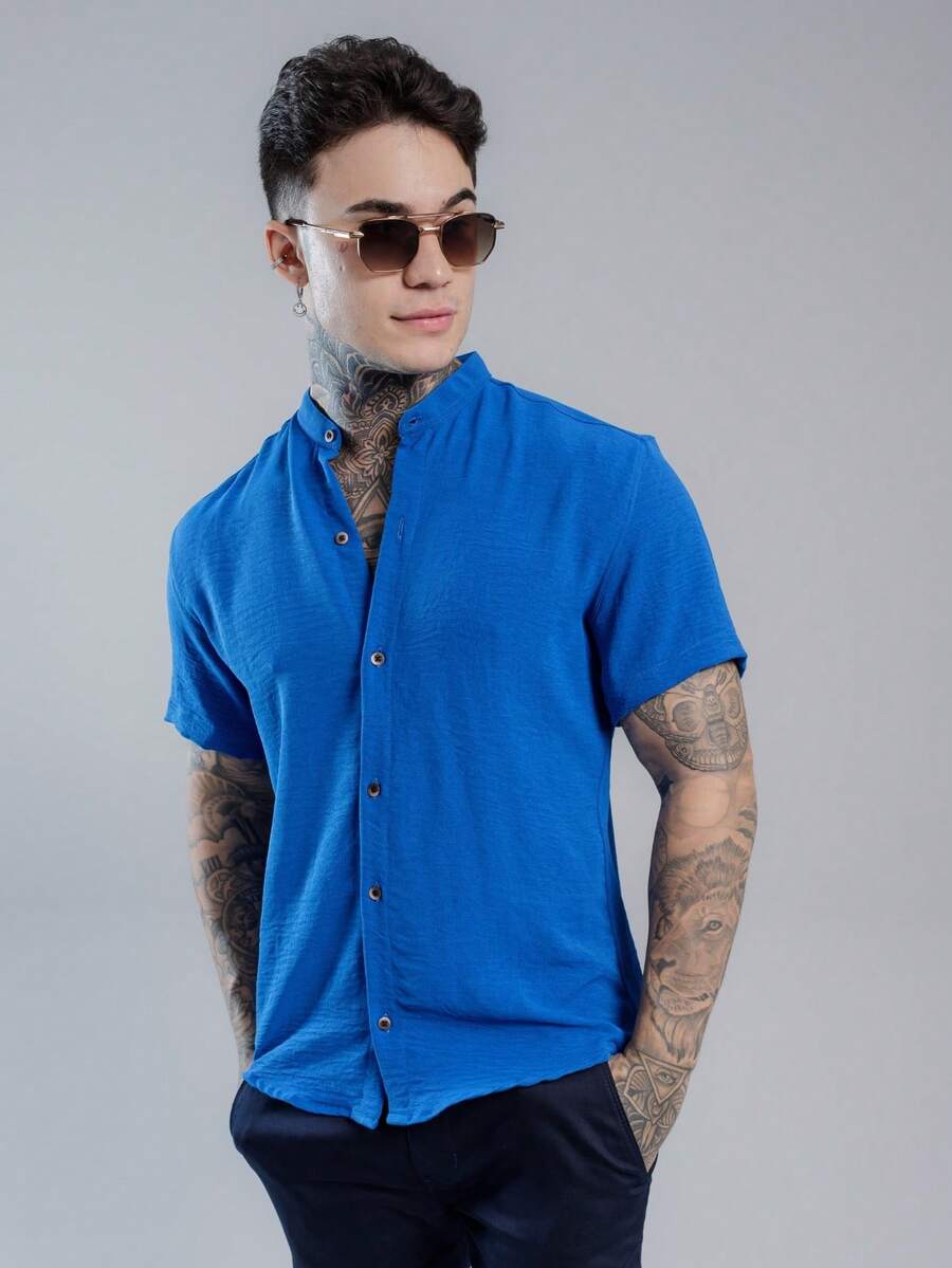Men's Short Sleeve Shirt Premium Quality Light And Fresh Fabric Easy To Iron - 霧霾藍 - 查看 1