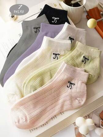 7双蝴蝶结装饰女士透气休闲短袜，舒适时尚，适合春夏季