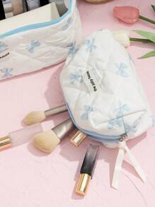 1 Stück weiße gesteppte karierte Kosmetiktasche, blaues Schleifenmuster, girly Herz Design, multifunktionale Kosmetik Aufbewahrungstasche, tragbare Kosmetikpinsel Clutch Tasche mit Reißverschluss, geeignet für Lippenstift, Pinsel, Hautpflege, Aufbewahrungsbox, für Urlaub, Strand, Badezimmer, Schlafzimmer, großes Fassungsvermögen