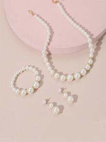 Juego de 4 piezas con collar, brazalete y aretes con cuentas de perlas falsas, collar elegante con cuentas, accesorio elegante, regalo de fiesta de vacaciones gracioso para niñas