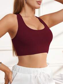 EMUPER 1pc Seamless Sports Racerback Bra, Hollow Backside Outerwear Elastic Solid Color Women Lingerie - Red - View 9