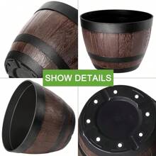 1 pieza Maceta de estilo vintage de barril de whisky con bandeja - 1 base + 1 maceta, maceta de plástico a rayas con agujeros de drenaje, adecuada para uso en interiores y exteriores, ideal para cultivar hierbas, flores frescas, suculentas - Maceta de jardín redonda
