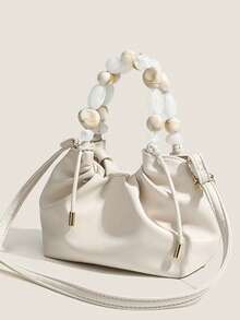 1pc New Solid Color Simple Pearl Handbag, Modern Chinese Style Shoulder/Crossbody Bag, Small Batch Design Hand Carry Bag, Elegant Pearl Chain Pleated Tote Bag - White - View 1