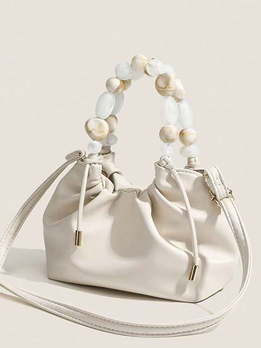 1pc New Solid Color Simple Pearl Handbag, Modern Chinese Style Shoulder/Crossbody Bag, Small Batch Design Hand Carry Bag, Elegant Pearl Chain Pleated Tote Bag - White - View 1