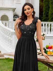 MIUSOL 亮片花卉蕾丝心形领口无袖荷叶边雪纺开衩长款正式派对礼服、晚礼服，适合婚礼宾客、毕业典礼、盛大晚宴及其他场合。 - 黑色 - 查看 10