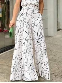 Palazzo Jumper Elegante De Sin Mangas Para Fiestas,Mono Con Estampado Con Pierna Ancha,Mono Elegante Sin Mangas De Talle Alto Para Mujer