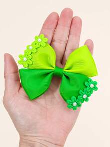2个绿色发夹，缎面蝴蝶结，鳄鱼夹，饰有花朵和珍珠，优雅发饰，可爱甜美，适合女孩，儿童发饰 - 綠色 - 查看 3