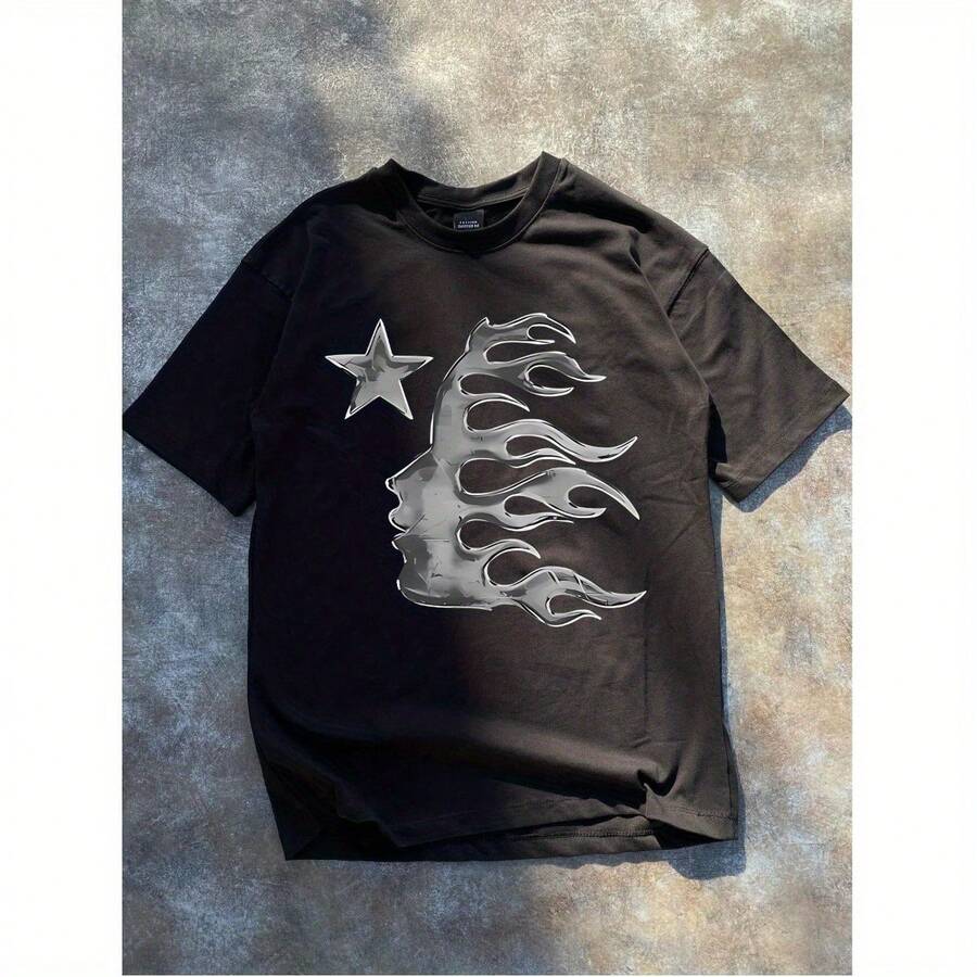 1pc Flaming Face Star Graphic T-Shirt, 100% Cotton Fabric, Crew Neck, Short Sleeve, Regular Fit, Weekend Casual Wear, All-Season Casual Wear, 180gsm - Ideal For Valentines New Year's Day Father's Day Christmas - màu đen - Xem 1