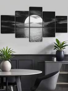 1/5件套月湖夜景帆布墙画，海洋满月帆布画，防水无异味，木框海报，馈赠亲友的理想礼物，房间装饰，可直接悬挂 - 黑色 - 查看 2