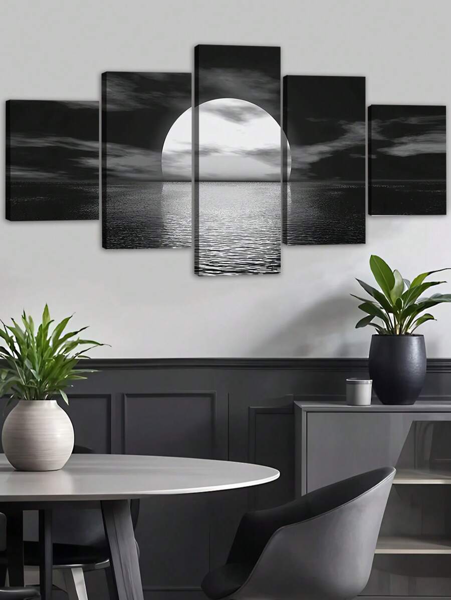 1/5件套月湖夜景帆布墙画，海洋满月帆布画，防水无异味，木框海报，馈赠亲友的理想礼物，房间装饰，可直接悬挂