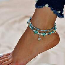 In-Demand Overseas Turquoise, Starfish, Sea Turtle Multi-Layer Handmade Anklet Set, Retro Beach & Surf Style, Ready To Ship - Multicolor - View 1
