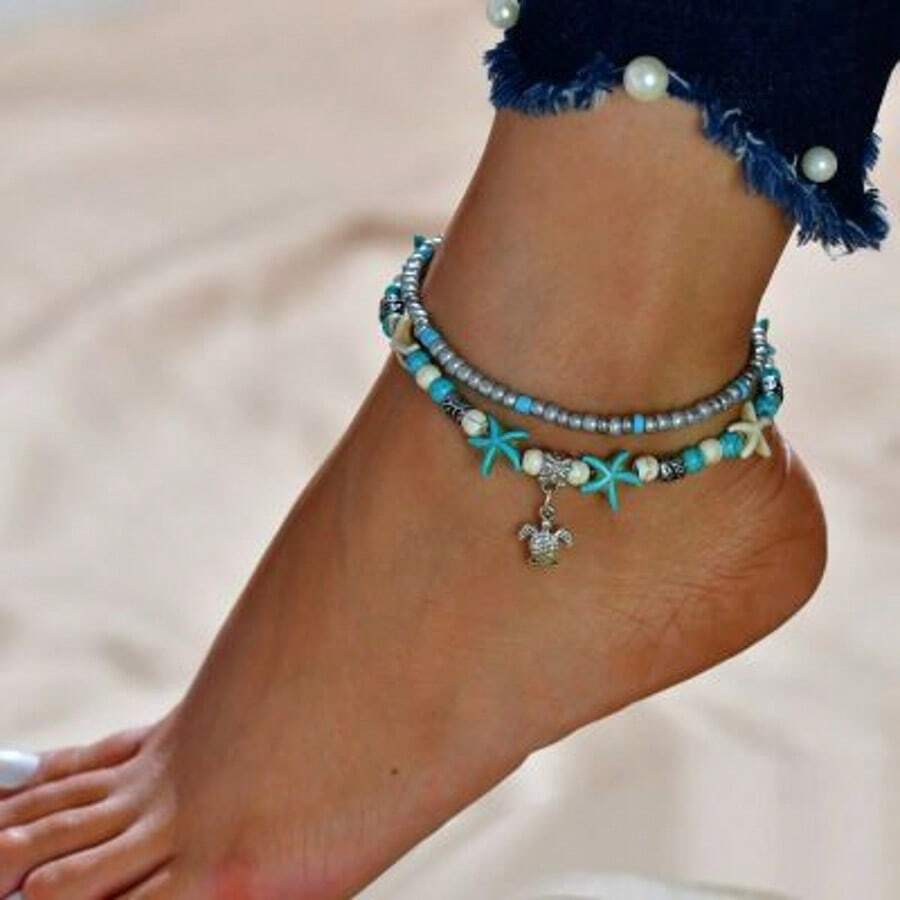 In-Demand Overseas Turquoise, Starfish, Sea Turtle Multi-Layer Handmade Anklet Set, Retro Beach & Surf Style, Ready To Ship - Multicolor - View 1