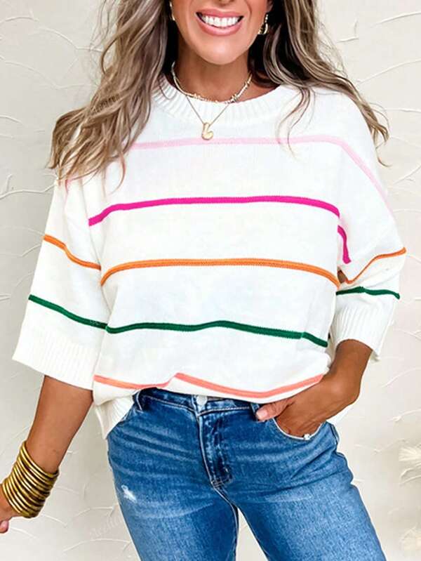 Acelitt Summer Color Blocked Striped Seven Quarter Sleeve Drop Shoulder Ribbed Round Neck Casual Knit Top