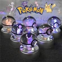 pokemon Bola de cristal de 3D Lámpara de base con Pikachu, Mew, Mewtwo y Pokeball de cristal Figura de bola de cristal Luz nocturna Regalo de cumpleaños