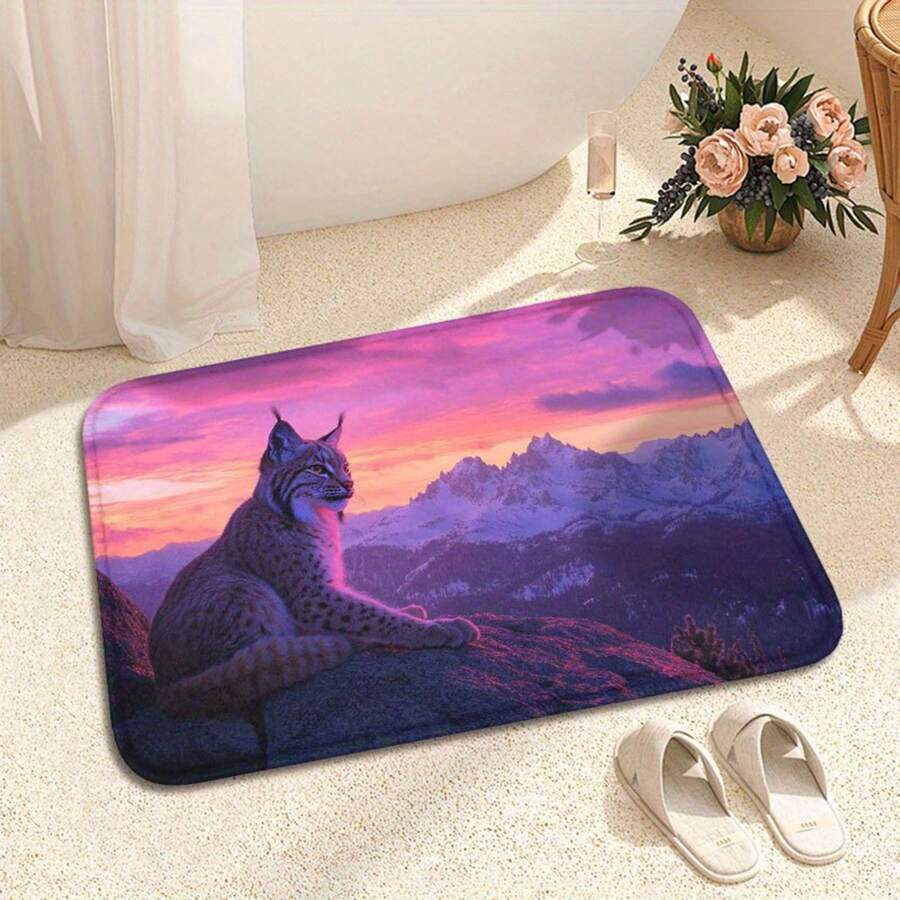 1pc Lynx Mountain Landscape Mat - Soft Plush, Anti-Slip Floor Mat With Vibrant Sunset & Snow-Capped Peaks Design, Machine Washable Polyester For Indoor/Outdoor Use, Ideal For Bathroom, Kitchen, Or Home Decor, Bathroom Mat | Nature Inspired Design | Floor Mat, Bathroom Mat Flannel Floor Mat, Anti-Slip And Soft Protection For The Bathroom Outdoor Rug Door Mat Bathroom Decor Fall Decor Carpet Bathroom Accessories Back To School - White - View 1