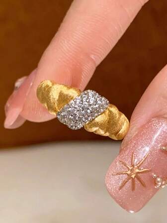 1 件时尚高端独特复古纹理牛角戒指，百搭精致长方形心形水钻可调节开口戒指，适合各种场合，理想的礼物