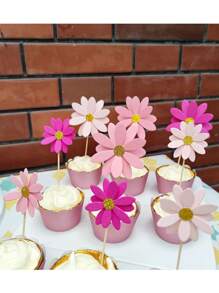 24 PIÈCES Décorations de gâteau en forme de Marguerite rose, fleur Toppers de gâteau, Cure-dents picks pour fête, décoration de baptême, baby shower, anniversaire, Noël