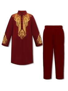 Men's Bohemian Style Floral Print Long Robe Top + Pants, Suitable For Party, Casual And Outdoor