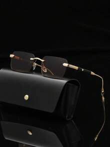 1pc Men's Summer Frameless Travel Sunglasses With Metal Thick Heart-Shaped Arm Design, Luxurious For Driving, Fashion Eyewear (With Glasses Case & String) For Summer Beach Vacation,Outdoor,Travel - 金色 - 查看 4