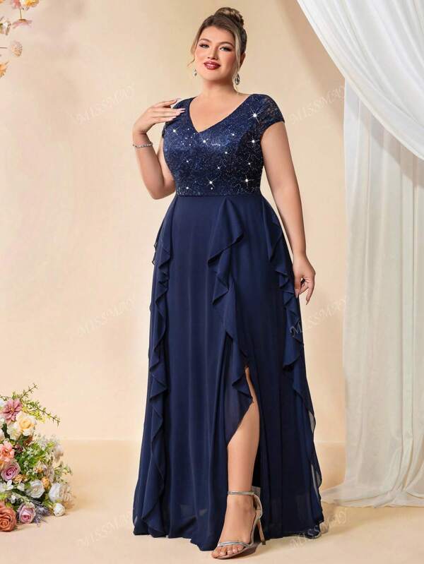 Vestido de fiesta formal con escote en V, con encaje floral con lentejuelas, contraste de gasa con volantes, abertura en el bajo, para fiestas, bodas, graduación o eventos especiales, elegante para invitada de boda