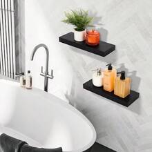 1pc Thickened Invisible Floating Wall Shelf, Bedroom Wall Mounted One-Piece Wooden Board Bookshelf, Wall Decor Storage Rack - Black - View 6