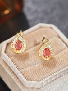 1pair Luxury Shiny Red Cubic Zirconia Stud Earrings For Women Gorgeous Elegant Party Jewellery Accessories