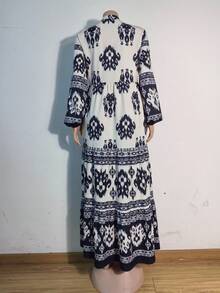 Women's Floral Print Tie Collar Loose Abaya Dress With Long Sleeves - Multicolor - View 2