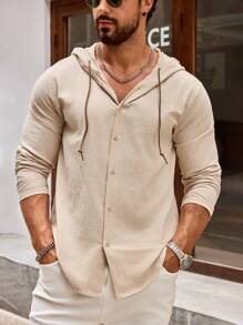Camisa com Capuz de Algodão e Linho Masculina de Manga Longa, Leve, Macio e Respirável, Camisa com Botões Casual, Fashion, Tops/Para Uso Diário/Férias na Praia