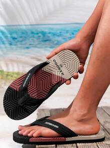 Woven Plaid Color Block EVA(Ethylene-Vinyl Acetate Copolymer) Fashion Color Block Herringbone Flip-Flops, Anti-Slip Outdoor Beach Sandals, Casual Thong Slippers For Men