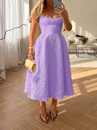 Floreya 加大码优雅纯色法式高端优雅婚礼宾客礼服，束腰细肩带中长连衣裙，白色