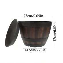 1 pieza Maceta de estilo vintage de barril de whisky con bandeja - 1 base + 1 maceta, maceta de plástico a rayas con agujeros de drenaje, adecuada para uso en interiores y exteriores, ideal para cultivar hierbas, flores frescas, suculentas - Maceta de jardín redonda