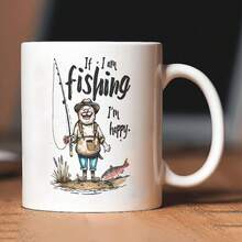 1 件趣味钓鱼陶瓷杯 - 11 盎司白色咖啡杯，印有“我在钓鱼，我很快乐”图案，可放入微波炉和洗碗机清洗，是送给钓鱼者、生日、节日、办公室或家庭使用的完美礼物，办公室咖啡杯 | 俏皮设计 | 可重复使用的咖啡杯，趣味咖啡杯