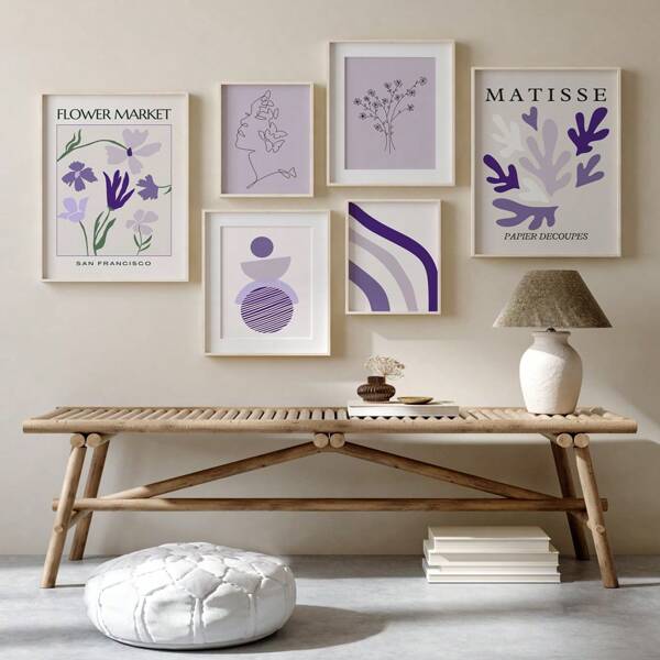 1/6pcs Lilac Gallery Set Matisse Print, Lavender Modern Wall Arts Optional Frame, Boho Floral Wall Decor, Minimal Living Room Decor Exhibition Posters ,Wall Art With Frame