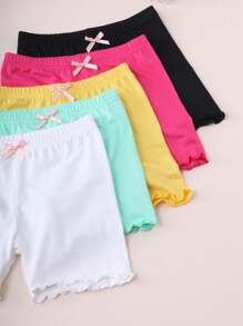5 Girls Solid Color Bowknot Panties, Ruffled Safety Shorts, Suitable For Daily Life