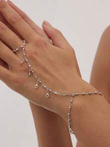 1 件复古奢华水晶吊坠流苏黄铜串珠链指环手链，女士装饰袖口手链，适合日常佩戴