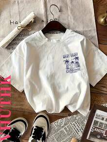 VHUTHK Double Sided Printing (220 Pure Cotton T-Shirt) 'WEST COAST' Letters And Sea View Double-Sided Printing Men's Summer Round Neck Short Sleeved Casual Pure Cotton Printing - 白色 - 查看 3
