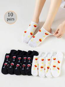 10 Pairs Women Wine Glass Pattern Ankle Socks, No Show Socks, Comfortable Sports Loafer Socks For Daily Casual, Sports, Gifts, Suitable For Spring/Summer/Autumn, All Festivals - Black and White - View 2