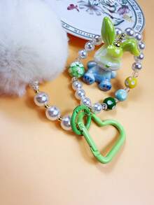 Creative DIY Cute Fresh Furry Pompom & Pearl Beaded Candy Color Rabbit Keychain Bag Pendant