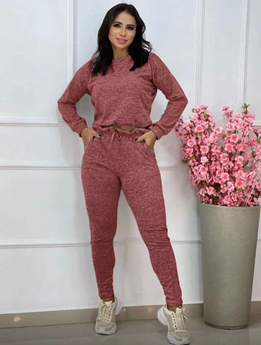 Long Sleeve Cropped Set With Woolen Trousers Winter 2025 - Rusty Rose - View 1