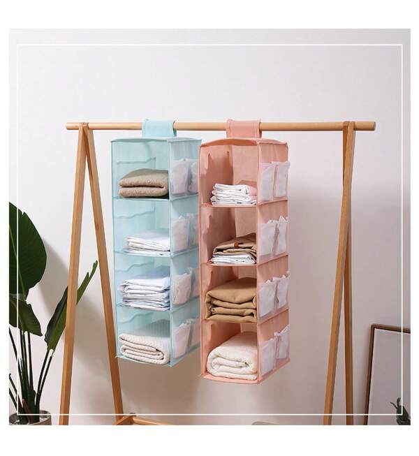 Hanging Wardrobe Organizer, Four Layers With Side Pockets, Bedroom Or Hanger Organizer, 30cm X 22cm X 80cm, Lotus Pink, Nordic Blue, Elegant Gray Hanging Organizers Back To School Travel Essentials Room Decor