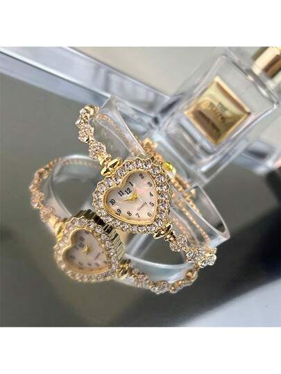 1pc Heart Shaped Rhinestone Dial Arabic Numeral Display Pull Tab Chain Convenient Quartz Horloge