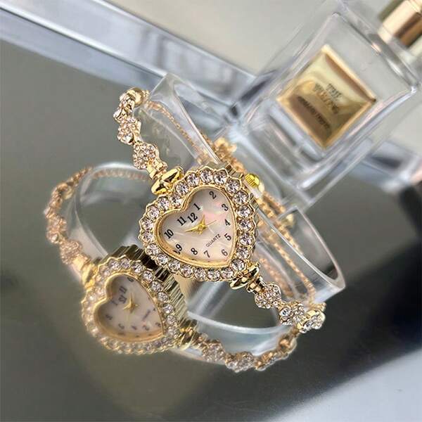 1pc Women's Heart-Shaped Rhinestone Dial Arabic Numeral Display Pull Tab Chain Fashion Convenient Quartz Watch