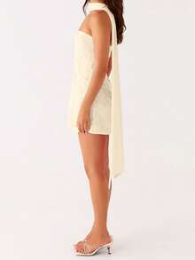 Women Sequin Beaded Sheer Tube Dress Sparkly Embroidery Strapless Rhinestone Embellished Backless Bodycon Mini Dress With Choker Scarf