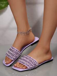 Women's Summer 2025 New French Style Pearl Rhinestone Decorated Flat Sandals, Open Toe, Large Size 42-43, Lightweight Luxury Beach Holiday Slippers - Purple - View 4