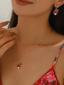 3pcs Set Summer Elegant Metallic Delicate Cherry Necklace & Earrings Jewelry Set, Suitable For Daily Wear Or Gift