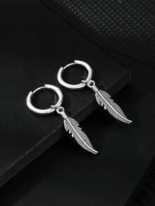 1 Pair Stainless Steel Feather Pendant Hoop Earrings For Men, Fashionable & Versatile - Feather - View 4