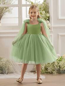 Mint Green Bow Tie Tulle Dress, Elegant Mint Green Princess Dress Suitable For Girls Birthday Party, Banquet, Formal Occasion, Wedding Flower Girl Dress, Thanksgiving, Graduation - 薄荷綠 - 查看 2