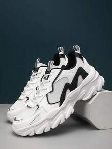 Men's Breathable Fitness Trainers - White & Brown Casual Sports Shoes, Fabric Upper, EVA Sole And Lace-Up Design, Suitable For Running, Workout, Daily Wear - Comfortable All Season, Modern Fashionable Appearance | Wear-Resistant Non-Slip Footwear, Fitness Accessories - Black and White - View 1