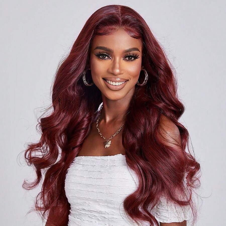 Beautiful 99j Wine Red Color Fashion 13X4 / 13x6 Lace Front Human Hair Wigs180% Density  Body Wave Lace Front Wigs Human Hair  For Women Wine Red Colored Brazilian Virgin 32inch Make You Feel More Attractive And Confident
